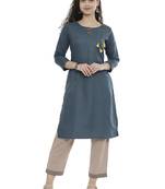 Blue plain cotton long-kurtis