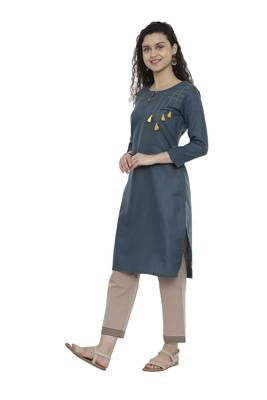 Blue plain cotton long-kurtis 3