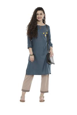 Blue plain cotton long-kurtis 4