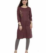 Purple embroidered cotton long-kurtis