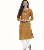 Mustard embroidered cotton long-kurtis