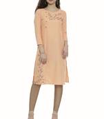 Peach embroidered cotton long-kurtis