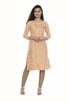 Peach embroidered cotton long-kurtis 4