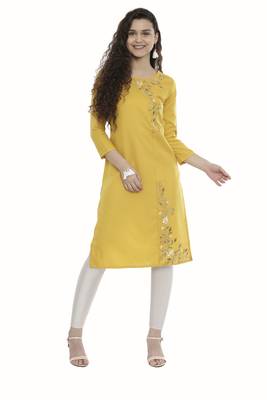 Mustard embroidered cotton long-kurtis 1