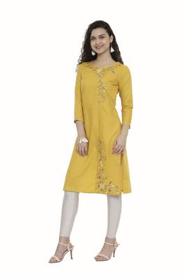 Mustard embroidered cotton long-kurtis 3