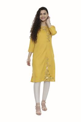Mustard embroidered cotton long-kurtis 4