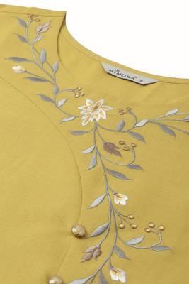 Mustard embroidered cotton long-kurtis 5