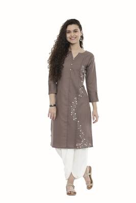 Brown embroidered cotton long-kurtis 1