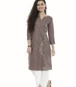 Brown embroidered cotton long-kurtis