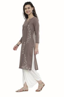 Brown embroidered cotton long-kurtis 3