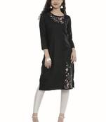 Black embroidered cotton long-kurtis