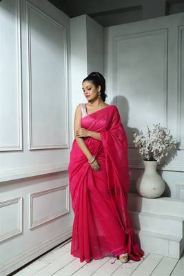 Deep Pink Saree with Zari Jamdani Work and Blouse 1