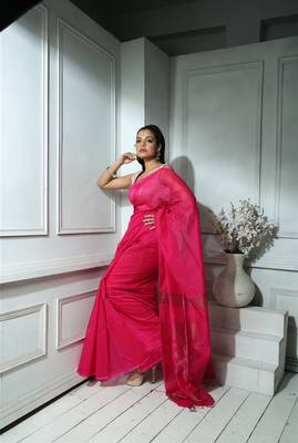 Deep Pink Saree with Zari Jamdani Work and Blouse 3