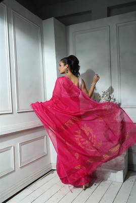 Deep Pink Saree with Zari Jamdani Work and Blouse 4