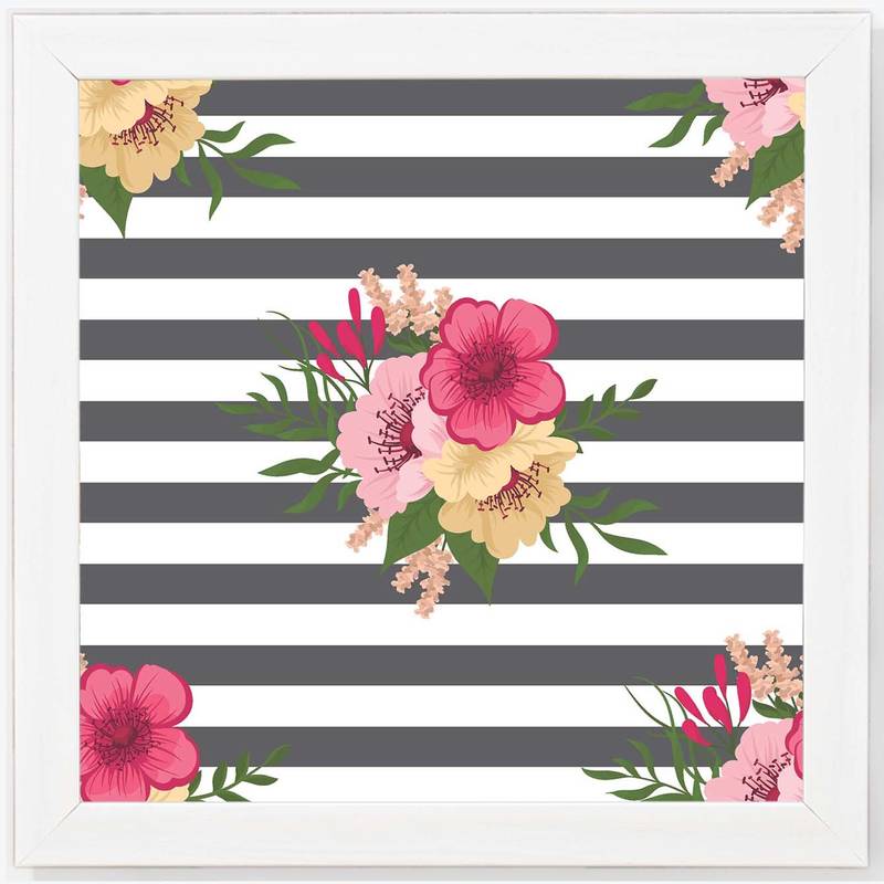 Stripe Flower   Pattern White Framed Wall Hanging Art Print for Office  Home Reading Room  ( 8x8 ) Inch