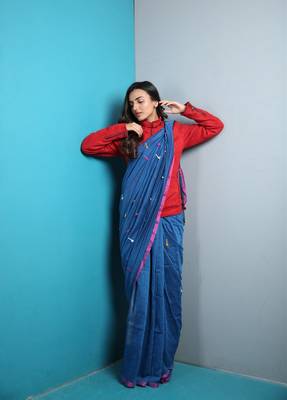 Blue Khadi cotton saree with pompom and blouse 1