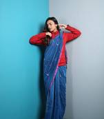 Blue Khadi cotton saree with pompom and blouse