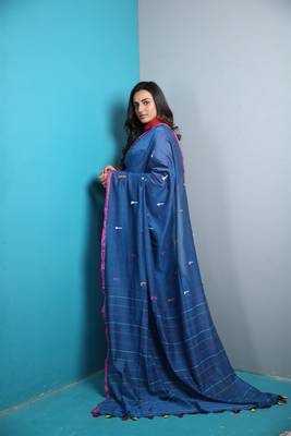 Blue Khadi cotton saree with pompom and blouse 3