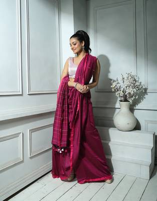Plum Khadi Cotton saree With Blouse 1