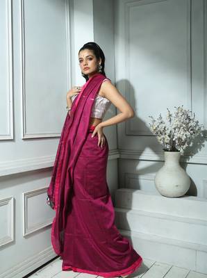 Plum Khadi Cotton saree With Blouse 3