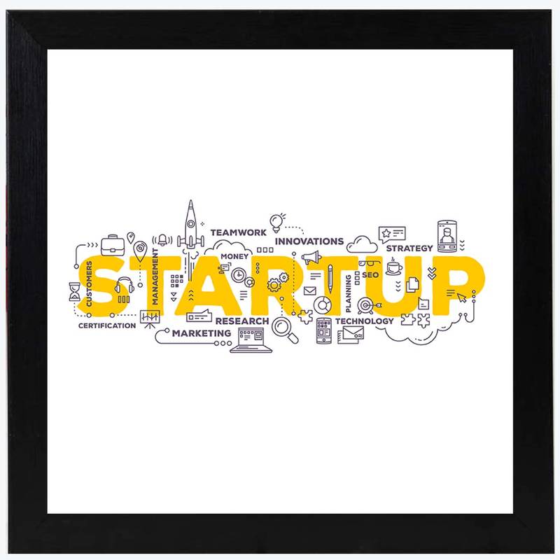 Startup Work Typo  Office Black Framed Wall Hanging Art Print for Office  Home Reading Room  ( 8x8 ) Inch
