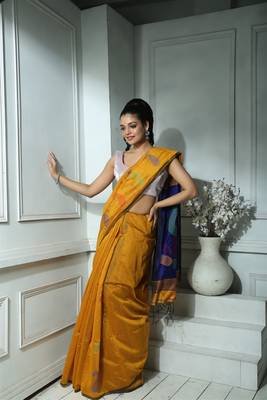 Yellow And Blue Blended Silk Saree With Blouse  1