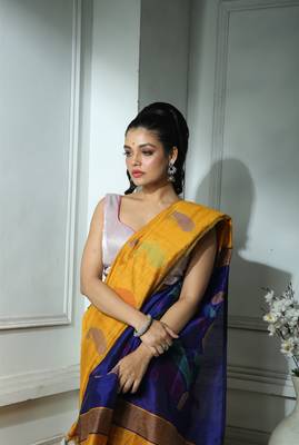 Yellow And Blue Blended Silk Saree With Blouse  2