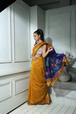 Yellow And Blue Blended Silk Saree With Blouse  3