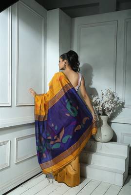 Yellow And Blue Blended Silk Saree With Blouse  4