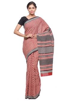 Red printed cotton saree with blouse