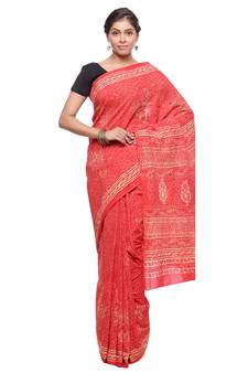 Orange printed cotton saree with blouse