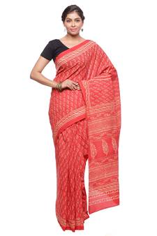 Orange printed cotton saree with blouse