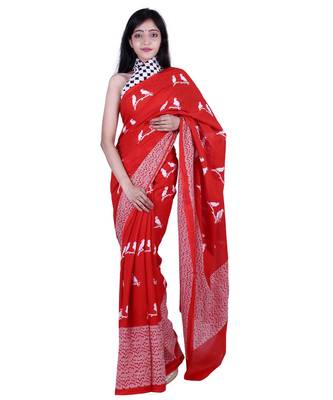 Pure Cotton Malmal Saree Bagru Print Batik Hand block Womens Saree Red 1