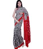 Pure Cotton Malmal Saree Bagru Print Batik Hand block Womens Saree Grey