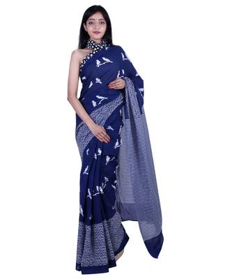 Pure Cotton Malmal Saree Bagru Print Batik Hand block Womens Saree Blue 1