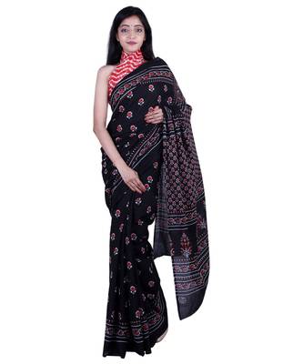Pure Cotton Malmal Saree Bagru Print Batik Hand block Womens Saree Black 1