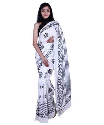 Pure Cotton Malmal Saree Bagru Print Batik Hand block Womens Saree White 1