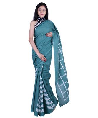 Pure Cotton Malmal Saree Bagru Print Batik Hand block Womens Saree Green 1
