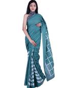 Pure Cotton Malmal Saree Bagru Print Batik Hand block Womens Saree Green