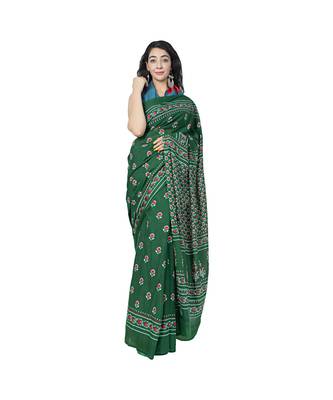 Pure Cotton Malmal Saree Bagru Print Batik Hand block Womens Saree Green 1