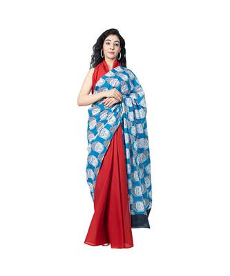 Pure Cotton Malmal Saree Bagru Print Batik Hand block Womens Saree Red Blue 1