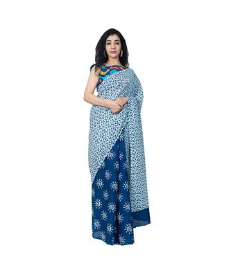 Pure Cotton Malmal Saree Bagru Print Batik Hand block Womens Saree Blue 1