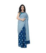 Pure Cotton Malmal Saree Bagru Print Batik Hand block Womens Saree Blue