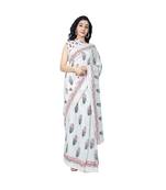 Pure Cotton Malmal Saree Bagru Print Batik Hand block Womens Saree White