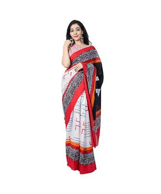 Pure Cotton Malmal Saree Bagru Print Batik Hand block Womens Saree White 1