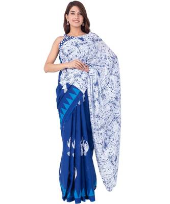 Pure Cotton Malmal Saree Bagru Print Batik Hand block Womens Saree Blue 1