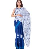 Pure Cotton Malmal Saree Bagru Print Batik Hand block Womens Saree Blue