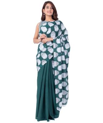 Pure Cotton Malmal Saree Bagru Print Batik Hand block Womens Saree Green 1