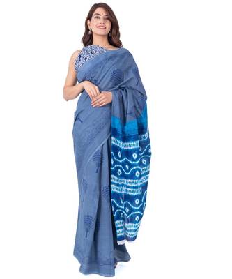 Pure Cotton Malmal Saree Bagru Print Batik Hand block Womens Saree Grey 1