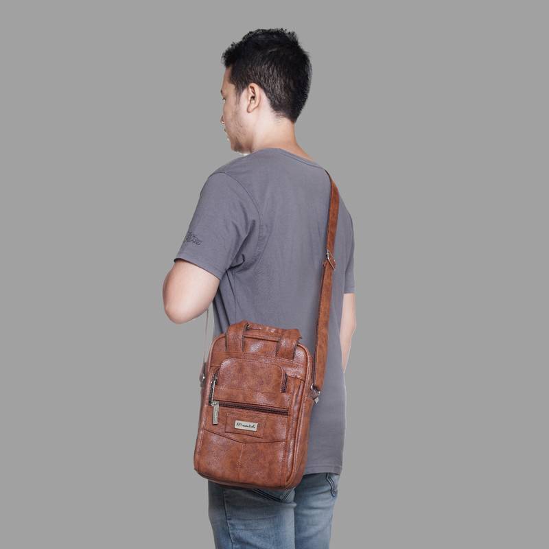 NFI essentials Men's Leather Sling Bag Stylish Cross Body Travel Office Business Messenger Bag Men & Women (Tan)